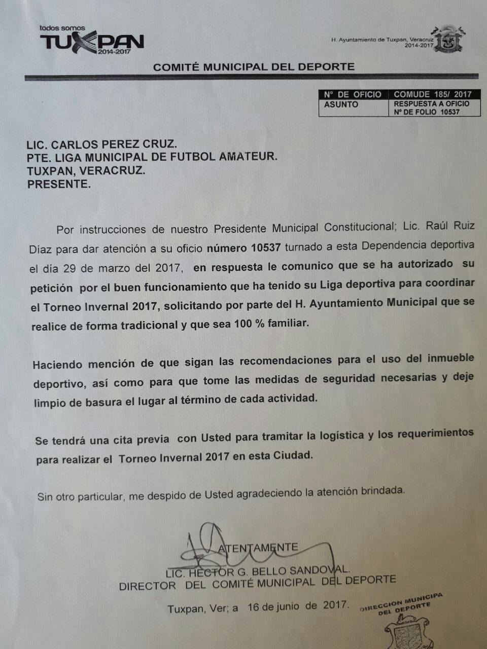 En este documento se muestra el interés De Carlos Pérez por organizar el invernal 2017