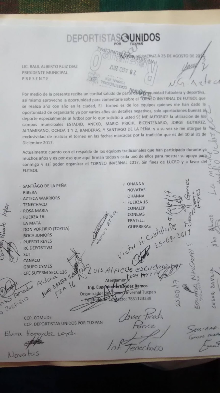 En este oficio se muestra el respaldo de equipos hacia Eugenio Hernández.