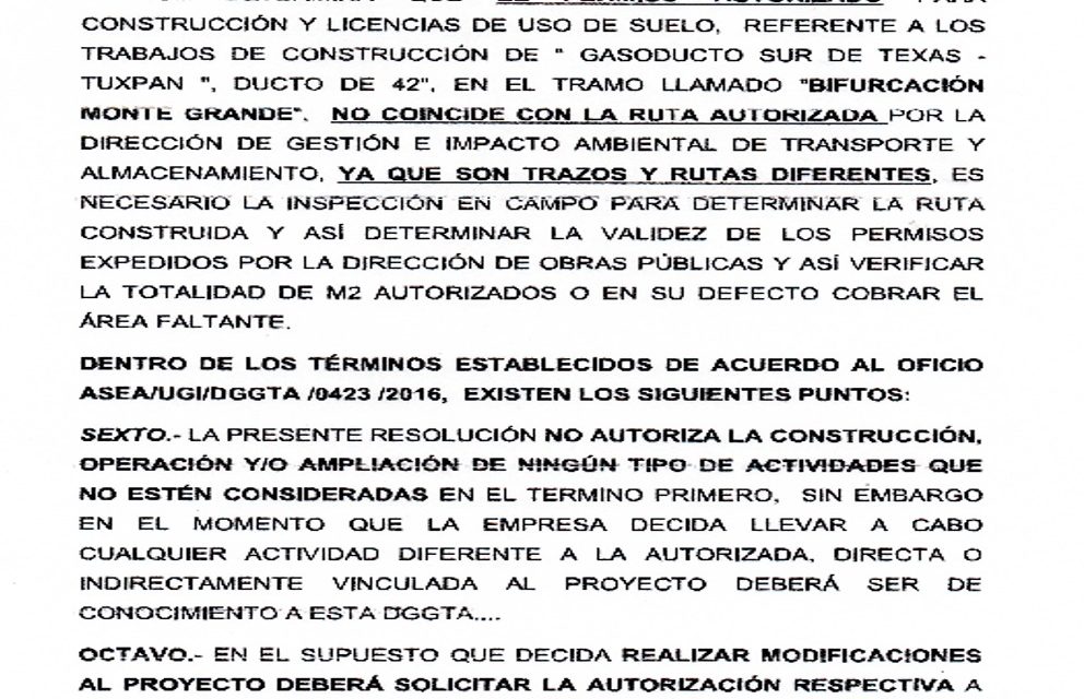 Cancelan permiso de construcción y licencia de uso de suelo del Gasoducto